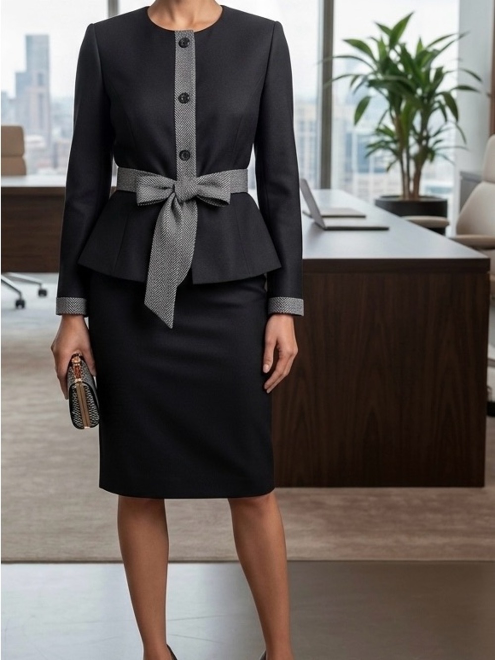 Kasper Linen Blend Peplum Skirt Suit Set Black Size 4P Belted